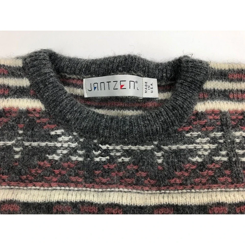 VINTAGE Jantzen Sweater Mens Large Gray Cream Geotmetic Made USA